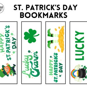 Peut inclure: Marque-pages de la Saint-Patrick avec des motifs verts et blancs. Chaque marque-page présente des graphiques sur le thème des vacances, notamment un lutin, des trèfles, des pièces d'or et une marmite d'or avec un arc-en-ciel. Le texte comprend "Happy St. Patrick's Day" et "Lucky Charm".