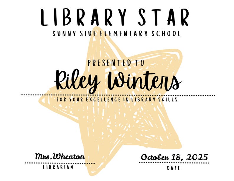 Certificate For Riley Library Star Award Template-editable With Canva Pro - Etsy