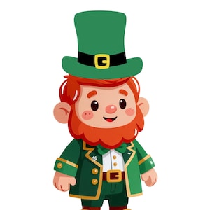 Puede incluir: Ilustración de dibujos animados de un duende con sombrero y traje verdes. El texto "PIN THE HAT ON THE LEPRECHAUN" está en la parte superior. El duende tiene barba roja y mejillas rosadas. La imagen está sobre un fondo blanco.