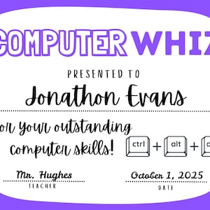 Puede incluir: Certificado morado y blanco con las palabras "COMPUTER WHIZ" en la parte superior. Se presenta a "Jonathon Evans" por sus excelentes habilidades informáticas. Incluye la fecha "1 de octubre de 2025".