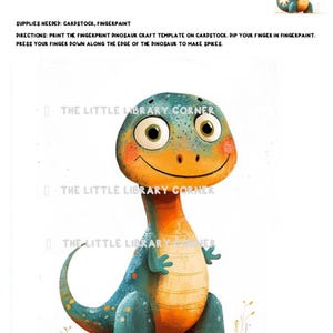 Puede incluir: Una plantilla de artesanía imprimible con un dinosaurio de dibujos animados en colores naranja, azul y verde. El texto "FINGERPRINT DINOSAUR CRAFT TEMPLATE" está en la parte superior de la página. El texto "SUPPLIES NEEDED: CARDSTOCK, FINGERPAINT" está debajo del dinosaurio. El texto "DIRECTIONS: PRINT THE FINGERPRINT DINOSAUR CRAFT TEMPLATE ON CARDSTOCK. DIP YOUR FINGER IN FINGERPAINT. PRESS YOUR FINGER DOWN ALONG THE EDGE OF THE DINOSAUR TO MAKE SPIKES." está debajo de la lista de suministros.