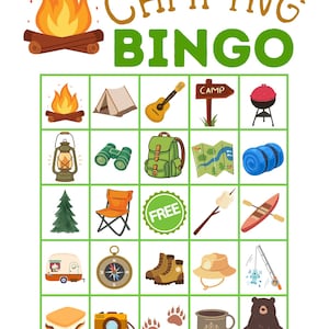 May include: Camping Bingo game board featuring camping-themed illustrations such as a tent, guitar, map, backpack, and campfire. The words "Camping Bingo" are in green and brown. The Little Library Corner logo is at the bottom.