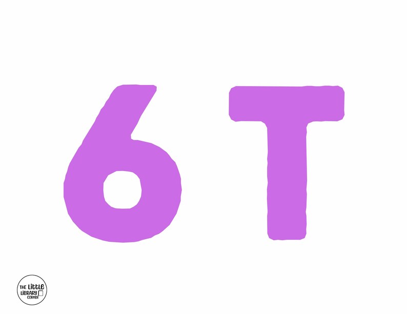 May include: A white background with the number 6 and the letter T in a light purple color. The Little Library Corner logo is in the bottom left corner.
