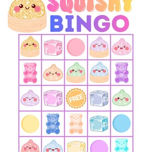 Może przedstawiać: Karta do gry Squishy Bingo z siatką kolorowych ilustracji przedstawiających brokatowe mochi, żelki w kształcie misiów i kostki. Tytuł Squishy Bingo znajduje się na górze dużymi, wielokolorowymi literami. Centralne pomarańczowe koło ma napis Free. Logo The Little Library Corner znajduje się w prawym dolnym rogu.