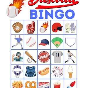 May include: A Baseball BINGO game card featuring a red and blue title with a flaming baseball graphic. The grid contains twenty-five squares with illustrations of baseball equipment, players, stadium food, and a free space, all on a white background.