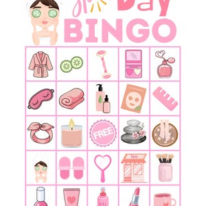 Könnte beinhalten: Ein rosa-weißes "Spa Day Bingo" Spielbrett mit Illustrationen zum Thema Spa. Das Spiel enthält Bilder einer Gesichtsmaske, Gurkenscheiben, einer Kerze und einem rosa Lippenstift. Der Text "Spa Day Bingo" ist in rosa Schrift geschrieben.
