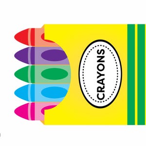 K&ouml;nnte beinhalten: Eine gelbe Wachsmalstiftbox mit dem Wort "CRAYONS" in einem wei&szlig;en Oval. F&uuml;nf Wachsmalstifte in Rot, Orange, Lila, Gr&uuml;n, Blau und Pink sind teilweise sichtbar. Die Box hat gr&uuml;ne Streifen auf der rechten Seite.