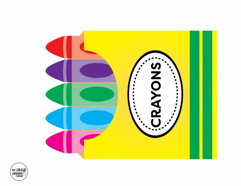 K&ouml;nnte beinhalten: Eine gelbe Wachsmalstiftbox mit dem Wort "CRAYONS" in einem wei&szlig;en Oval. F&uuml;nf Wachsmalstifte in Rot, Orange, Lila, Gr&uuml;n, Blau und Pink sind teilweise sichtbar. Die Box hat gr&uuml;ne Streifen auf der rechten Seite.