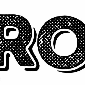 May include: Black and white graphic design featuring the letters "RO". The letters are in a bold, textured font with a dotted pattern. The image includes the text "THE LITTLE LIBRARY CORNER" in a small circle.