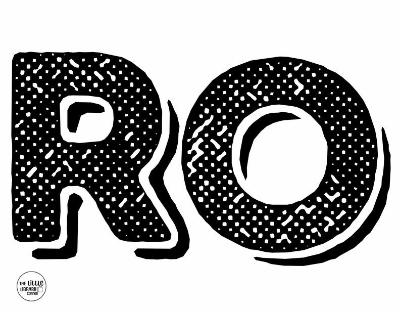 May include: Black and white graphic design featuring the letters "RO". The letters are in a bold, textured font with a dotted pattern. The image includes the text "THE LITTLE LIBRARY CORNER" in a small circle.
