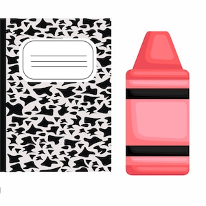 K&ouml;nnte beinhalten: Ein Notizbuch mit einem schwarz-wei&szlig;en Kuhmuster-Einband und einem rosa Buntstift. Das Notizbuch hat ein wei&szlig;es Etikett mit Linien zum Schreiben. Der Buntstift ist rosa mit schwarzen B&auml;ndern.