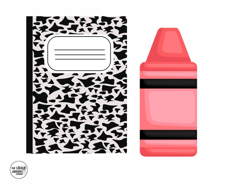 K&ouml;nnte beinhalten: Ein Notizbuch mit einem schwarz-wei&szlig;en Kuhmuster-Einband und einem rosa Buntstift. Das Notizbuch hat ein wei&szlig;es Etikett mit Linien zum Schreiben. Der Buntstift ist rosa mit schwarzen B&auml;ndern.