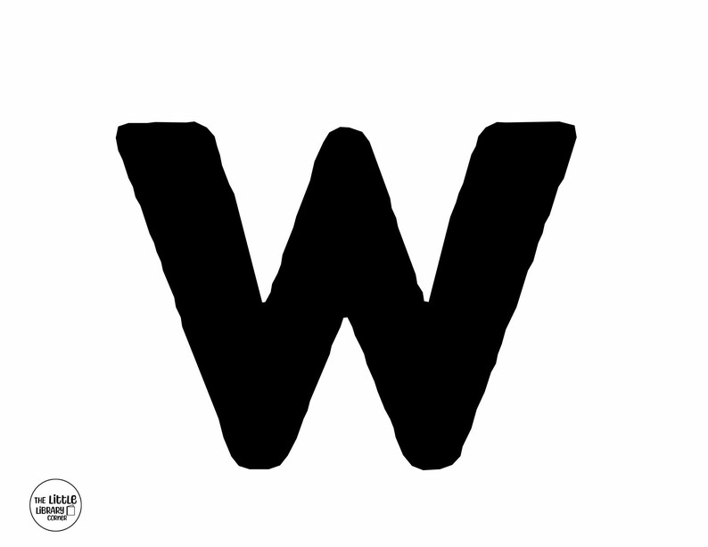 K&ouml;nnte beinhalten: Ein gro&szlig;es, schwarzes "W" auf wei&szlig;em Hintergrund. Der Buchstabe ist fett und stilisiert, mit leicht strukturierter Oberfl&auml;che. Das Logo "The Little Library Corner" befindet sich unten links.