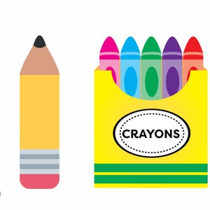K&ouml;nnte beinhalten: Ein gelber Bleistift mit schwarzer Spitze und rosa Radiergummi neben einer gelben Wachsmalstiftbox. Die Box enth&auml;lt f&uuml;nf Wachsmalstifte in Pink, Blau, Gr&uuml;n, Lila und Rot. Die Box hat das Wort "CRAYONS" in einem wei&szlig;en Oval.