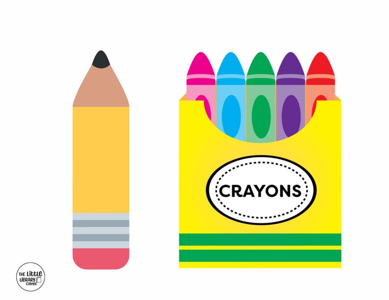 K&ouml;nnte beinhalten: Ein gelber Bleistift mit schwarzer Spitze und rosa Radiergummi neben einer gelben Wachsmalstiftbox. Die Box enth&auml;lt f&uuml;nf Wachsmalstifte in Pink, Blau, Gr&uuml;n, Lila und Rot. Die Box hat das Wort "CRAYONS" in einem wei&szlig;en Oval.