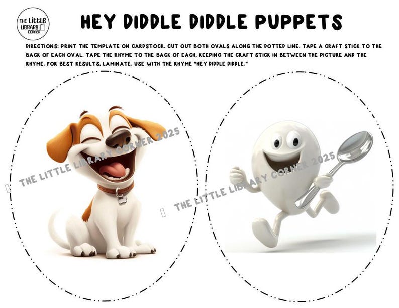 hey diddle diddle, the cat and the fiddle,hey diddle diddle stick puppets, hey diddle diddle puppets, nursery rhyme puppets, storytime puppets, storytime props, puppet show, library storytime, nursery rhymes, printable puppets, digital puppets, preschool storytime, kindergarten storytime, toddler storytime