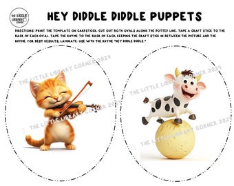 Può includere: Due modelli di burattini stampabili per bambini. Il primo modello presenta un gatto che suona il violino. Il secondo modello presenta una mucca in equilibrio su una palla.