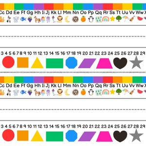 May include: Two colorful name tags with a rainbow border, alphabet letters, and numbers 1-30. Each tag includes shapes and small illustrations. The left hand is shown on the left side, and the right hand is shown on the right side.