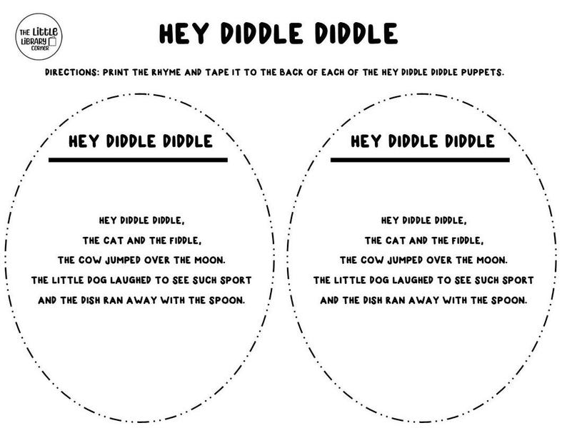 hey diddle diddle, the cat and the fiddle,hey diddle diddle stick puppets, hey diddle diddle puppets, nursery rhyme puppets, storytime puppets, storytime props, puppet show, library storytime, nursery rhymes, printable puppets, digital puppets, preschool storytime, kindergarten storytime, toddler storytime