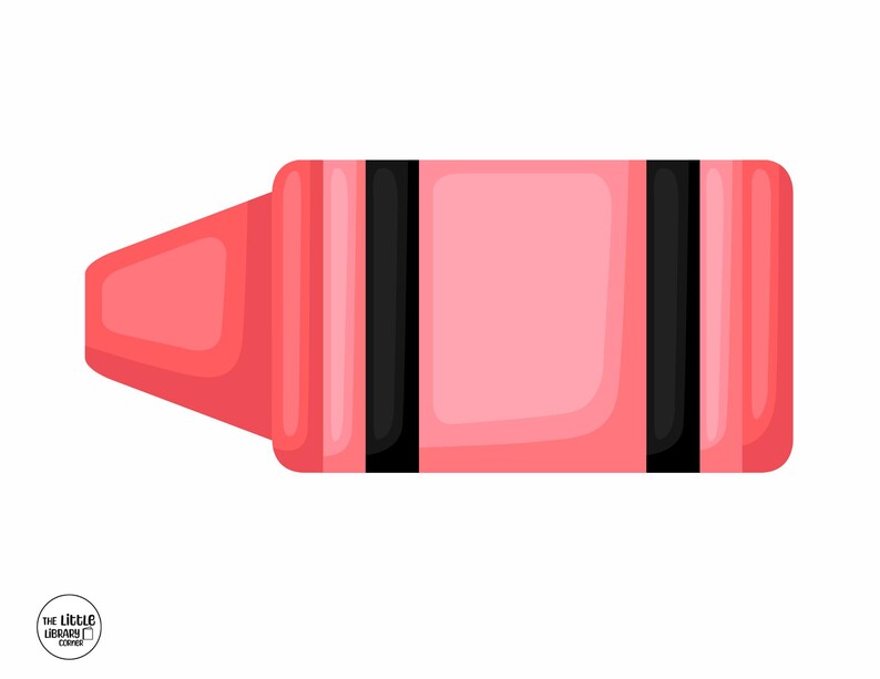 K&ouml;nnte beinhalten: Ein rosa Buntstift mit einem schwarzen Streifen auf wei&szlig;em Hintergrund. Der Buntstift hat einen hellrosa Farbton mit einer dunkleren rosa Spitze. Das Logo The Little Library Corner befindet sich unten links.