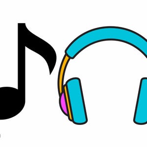 May include: A cartoon illustration featuring a black musical note and a pair of headphones. The headphones have a blue headband and earcups, with yellow and pink accents. The image is set against a white background.