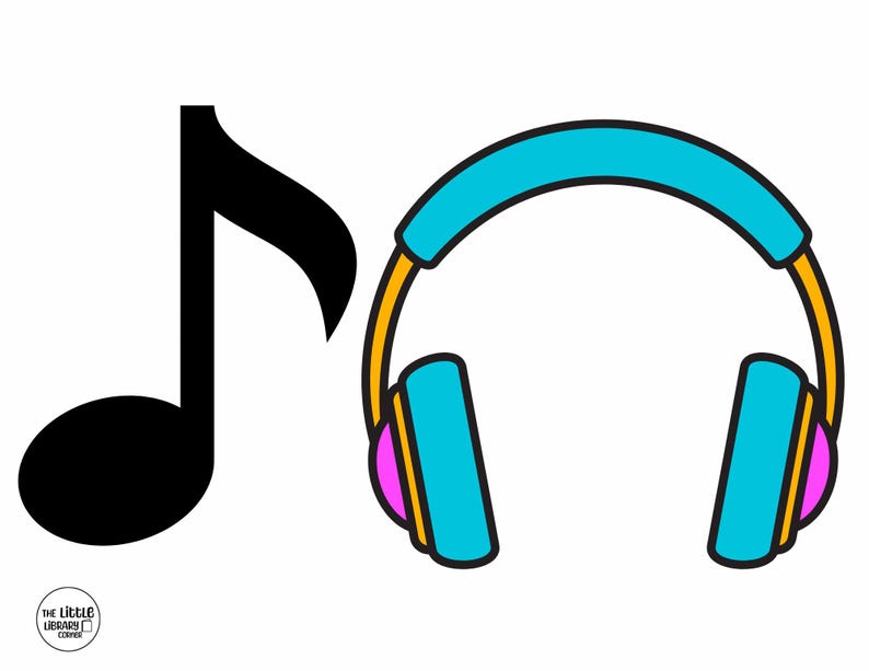 May include: A cartoon illustration featuring a black musical note and a pair of headphones. The headphones have a blue headband and earcups, with yellow and pink accents. The image is set against a white background.