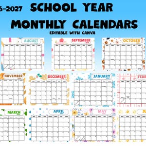 Canvaで編集可能な2026-2027年度の学年度別月間カレンダー