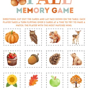 Op de afbeelding: Een printbaar geheugenspel met herfstthema met illustraties van een pompoen, uil, eekhoorn, hert, appels, eikel, dennenappel, beer, zonnebloem, blad, appel en boom. Het spel heet "FALL MEMORY GAME". Instructies zijn inbegrepen.