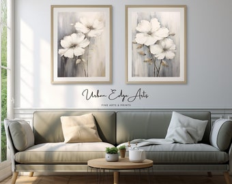 Modern Impasto White Floral Oil Painting x2 - Abstract Botanical Wall Art for Elegant Home Wall Art Decor