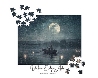 Midnight Serenity - Digital Art of Moonlit Boat Ride on Tranquil Lake Jigsaw puzzle