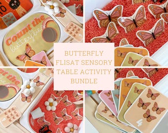 May include: A sensory table activity bundle featuring a butterfly theme. The bundle includes a wooden tray with a cutout for counting butterflies, a tray with a sensory bin filled with red rice and butterflies, and a set of cards with butterflies and numbers.
