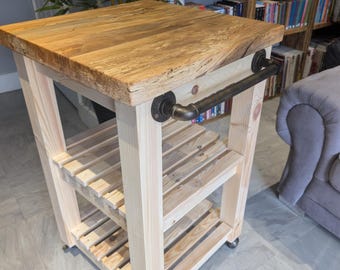 Kitchen Island, butchers block, Handcrafted Spalted Beech, Rustic Farmhouse Cart, choose your custom colour.