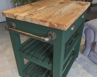 Kitchen Island, butchers block, Handcrafted Spalted Beech, Rustic Farmhouse Cart, choose your custom colour.