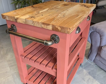 Kitchen Island, butchers block, Handcrafted Spalted Beech, Rustic Farmhouse Cart, your custom colour