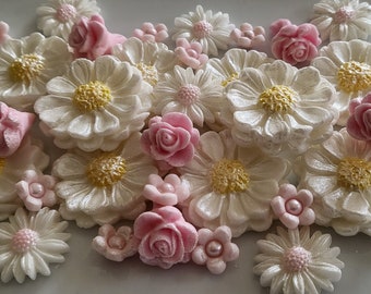 35 x Edible Fondant Flowers - the spring collection white pink and yellow