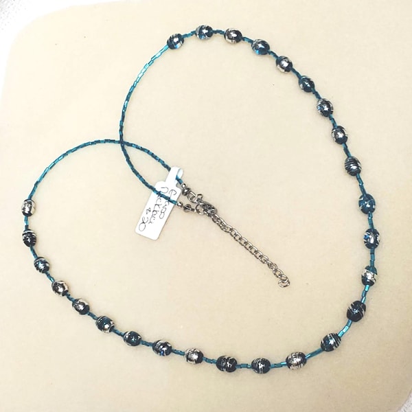 Blue Glass Oval Ball Splashed w/ Silver Necklace