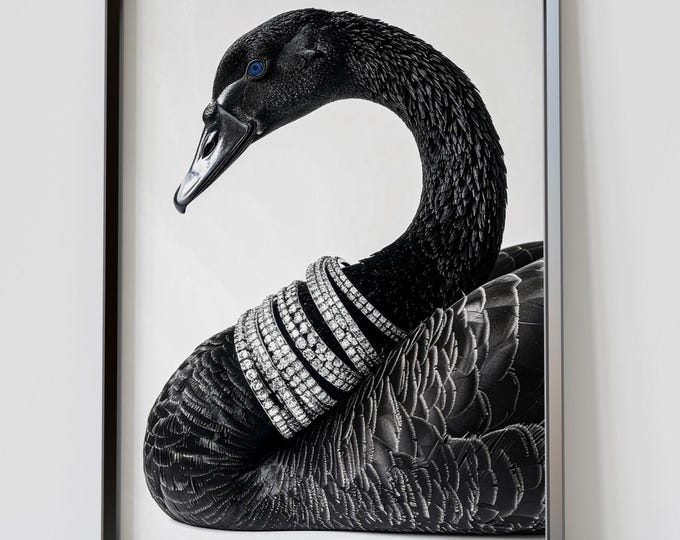 Noir Grace – Black Swan with Double Diamond Bracelets – Luxury Fine Art Portrait
