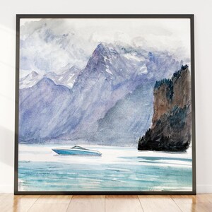 Velocidad en la quietud – Remix de pintura de 1886 SWISS LAKE – LANCHA RÁPIDA sobre acuarela alpina – Naturaleza vintage se encuentra con el movimiento – Póster fotográfico
