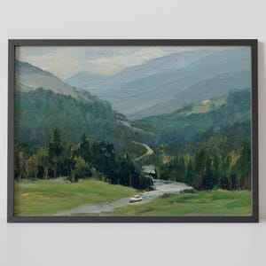 Paseo dominical – Paisaje de montaña de Albert Bierstadt, finales del siglo XIX – Auto clásico conduciendo por el campo – Póster fotográfico
