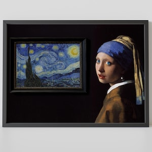NOCHE ESTRELLADA con Mirada Estrellada - Arte mural: La joven de la perla de Johannes Vermeer, La noche estrellada de Vincent Van Gogh - Póster fotográfico