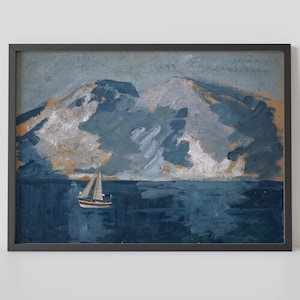 Deslízate por lo desconocido – Estudio de un paisaje marino con montañas de Edward Lear – Expresivo velero en un paisaje frío – Póster fotográfico