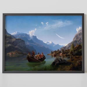 Cruzando el fiordo – Procesión nupcial en el fiordo de Hardanger por Hans GUDE y Adolph Tidemand, 1848 – Con un azabache encima – Póster en papel fotográfico