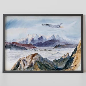 SUPERSONIC Over Silence – Remix de acuarela suiza de 1885 – Avión de combate sobre los Alpes – Arte de aviación paisajístico vintage – Póster fotográfico