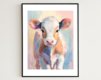 Baby Cow Art Print, Digital Print, Printable Wall Art Poster, Farm Animal Painting, Nursery Home Decor Download
