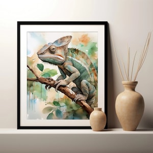 Chameleon Art Print, Digital Print, Printable Wall Art Poster, Lizard Painting, Nature Home Decor Download Gift for Reptile Lover