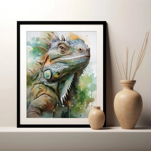 Impresión artística de iguana, impresión digital, póster de arte de pared imprimible, pintura de lagarto, decoración natural para el hogar, descarga de regalo para amantes de los reptiles