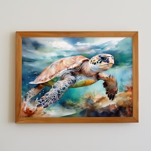 Sea Turtle Art Print, Digital Print, Printable Wall Art Poster, Turtle Painting, Home Decor Download Gift for Ocean Lover