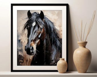 Peut inclure: Une peinture encadrée d'un cheval noir avec une étoile blanche sur le front. La tête et le cou du cheval sont visibles, et l'arrière-plan est un doux brun et beige.