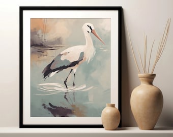 Stork Art Print, Digital Print, Printable Wall Art Poster, Bird Painting, Home Decor Download