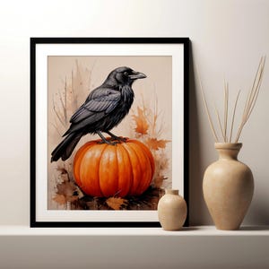 Crow Fall Pumpkin Art Print, Digital Print, Printable Autumn Wall Art Poster, Bird Painting, Nature Home Decor Download Gift for Bird Lover